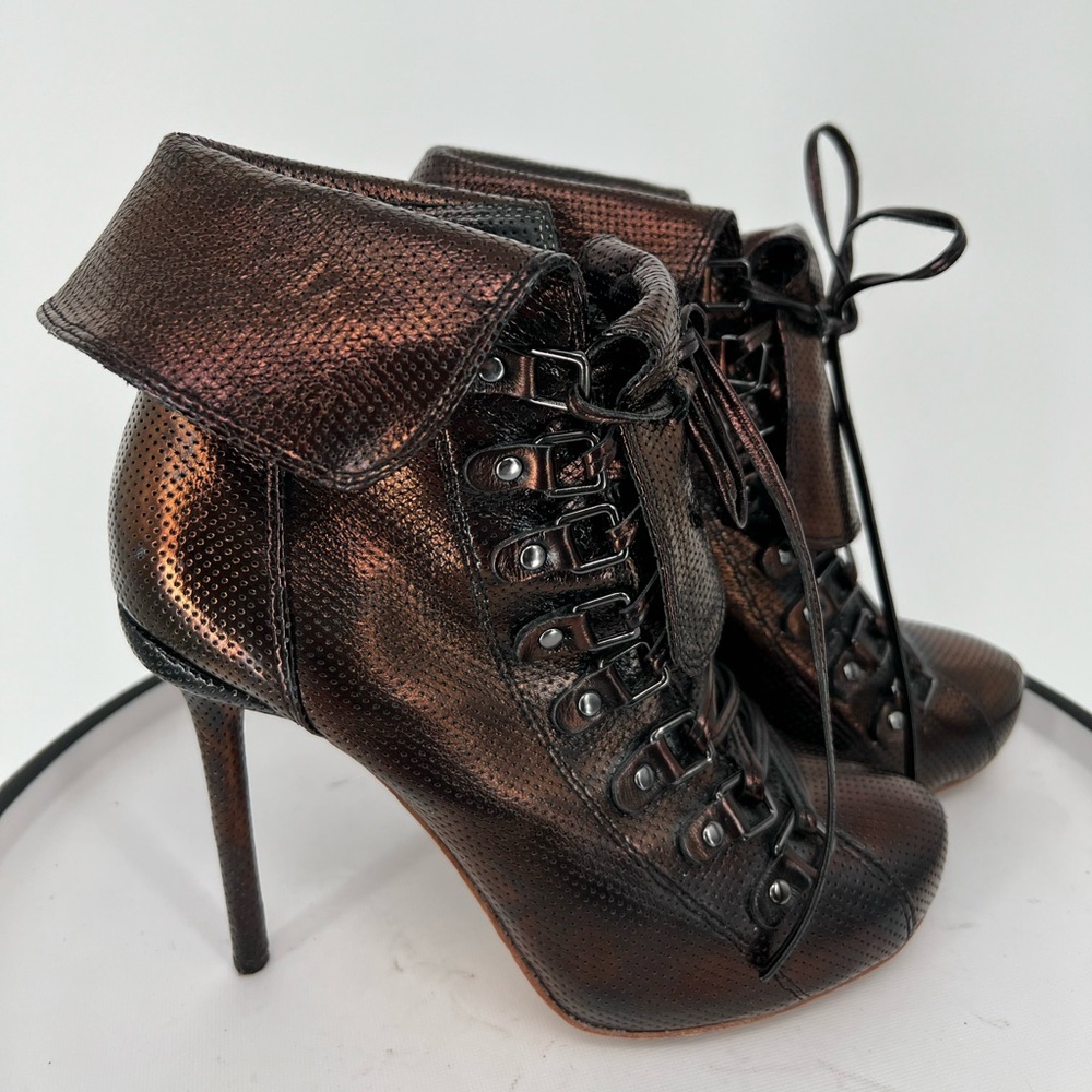 L.A.M.B. Gwen Stefani Ankle Lace Up Booties Brown Metallic Elegant